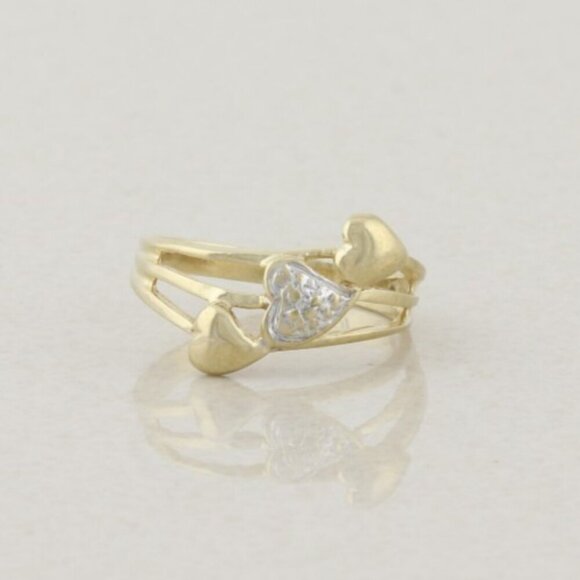 10k Yellow Gold Diamond Three Heart Ring Dainty Woman Teen Girl Size 5 1/2